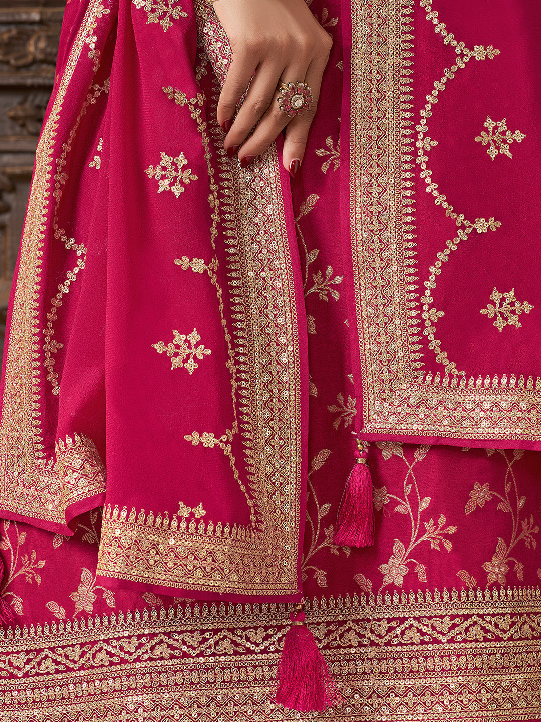 Pink Chinon Floral Jacquard Embroidered Top with Palazzo Suit Set - qivii