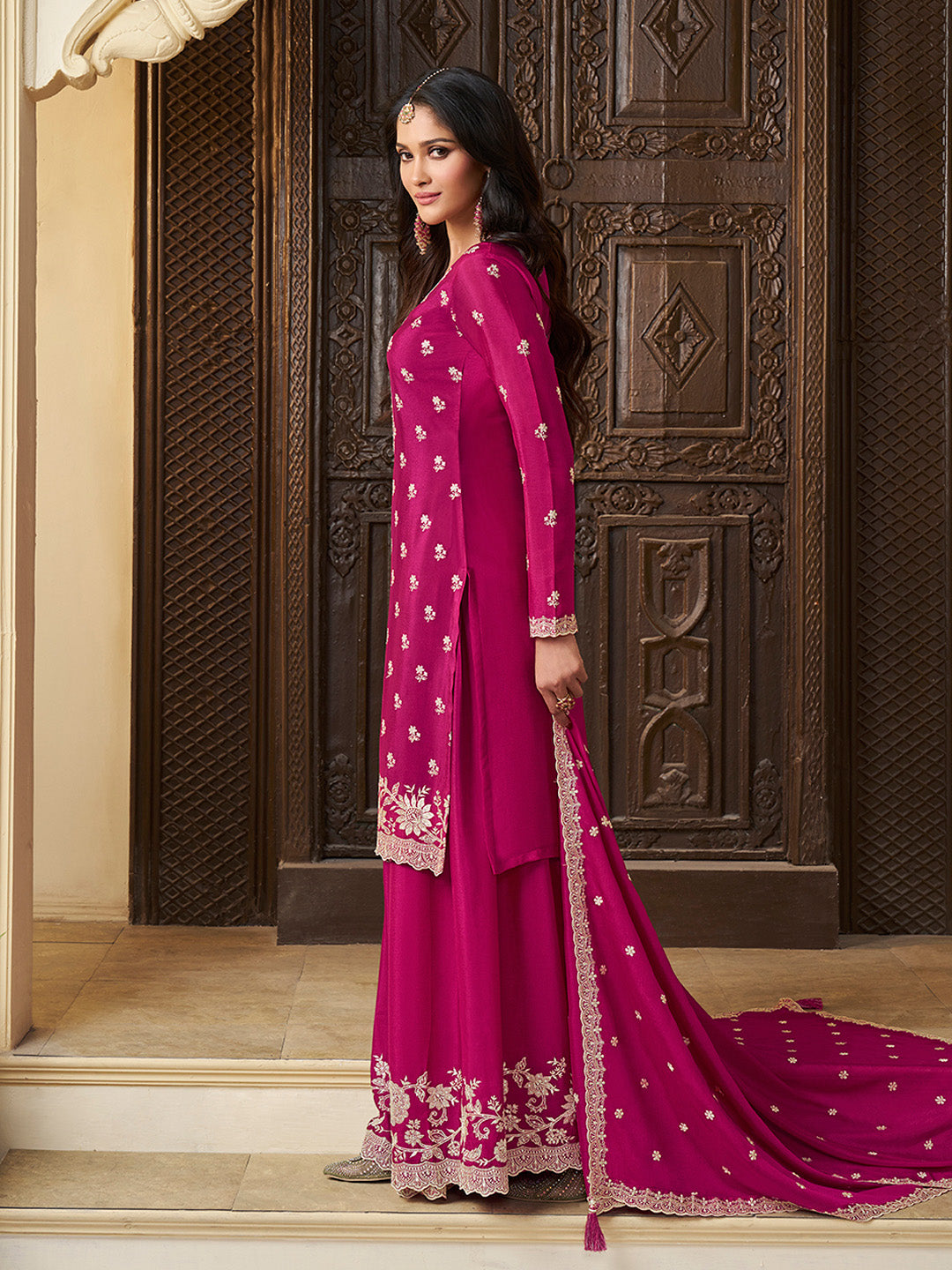 Pink Chinon Top with Thread Embroidery and Sharara Suit Set - qivii