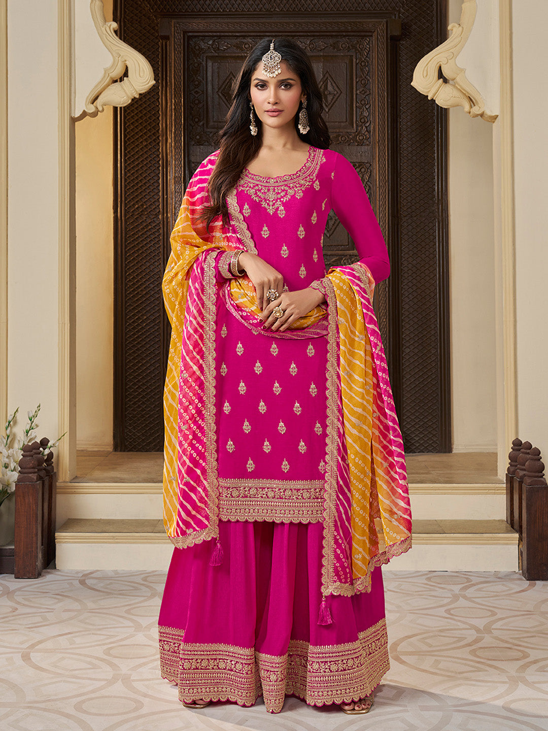 Pink Chinon Embroidered Top with Matching Sharara and Dupatta Suit Set - qivii