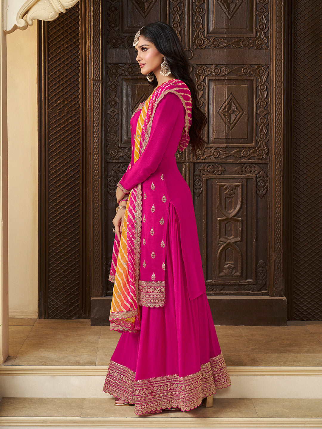 Pink Chinon Embroidered Top with Matching Sharara and Dupatta Suit Set - qivii