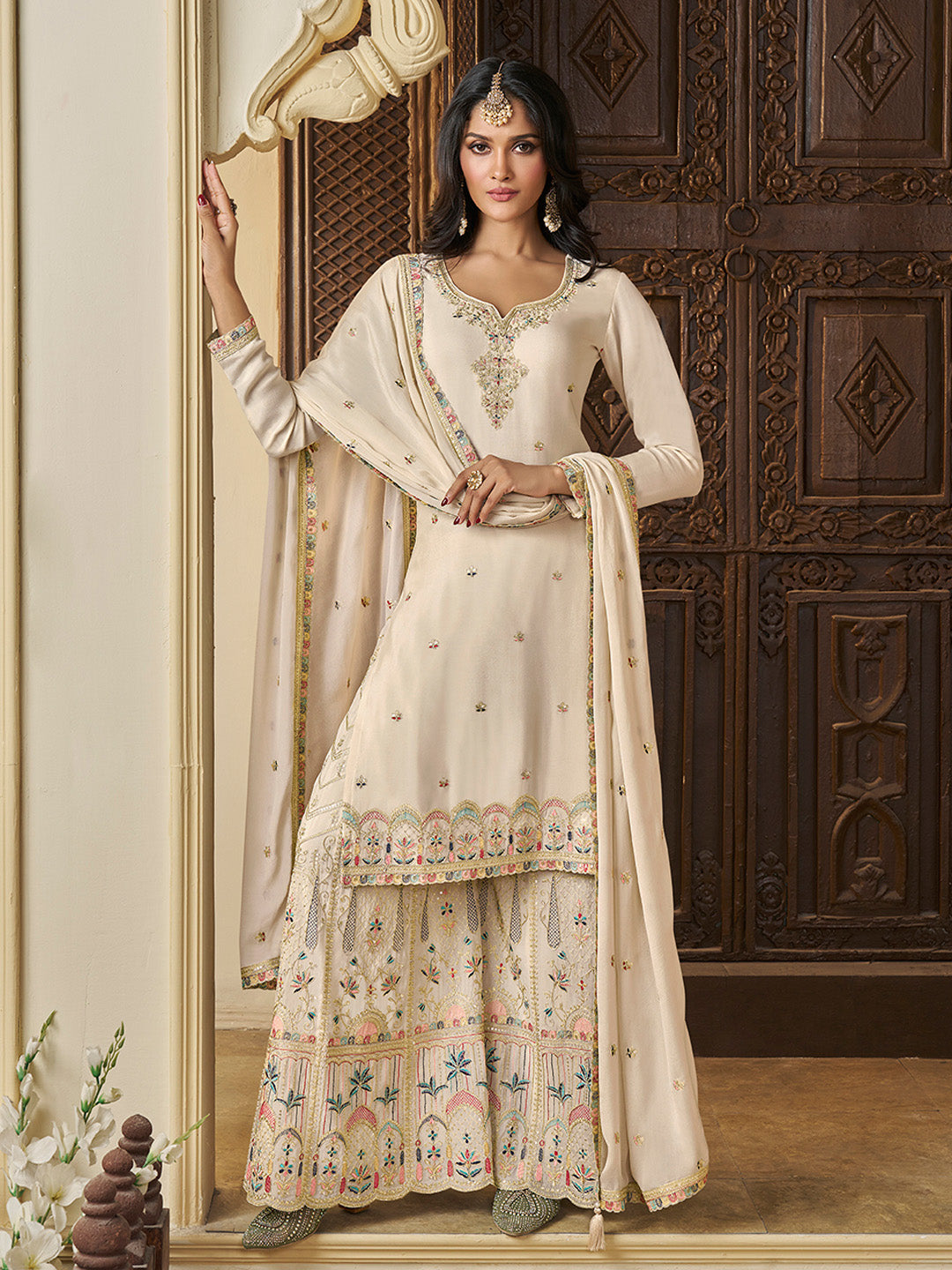 Designer Multi-Thread Embroidered White Chinon Sharara Suit Set - qivii