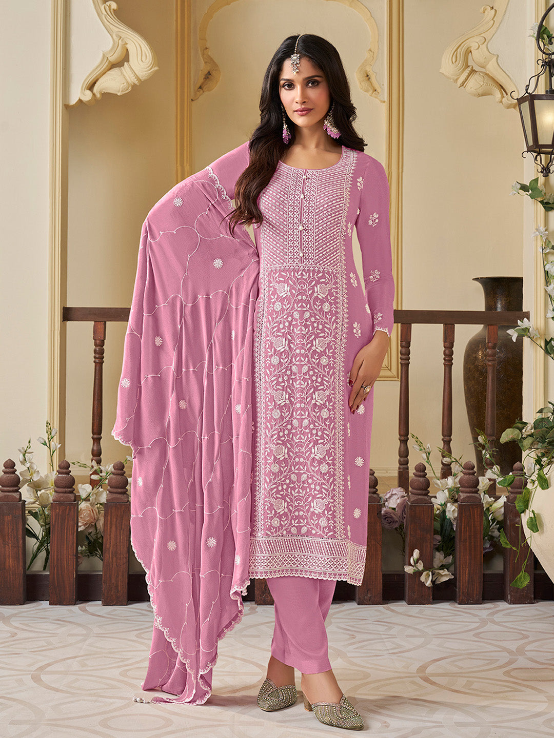 Purple Chinon Top with Thread Embroidery and Kurta Suit Set - qivii