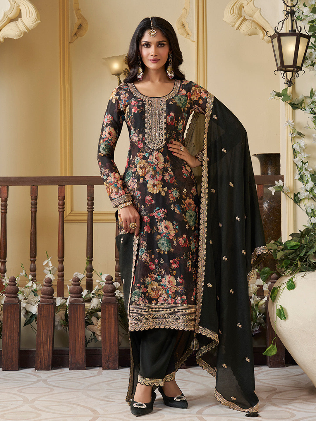 Black Chinon Floral Printed Top with Embroidery Kurta Suit Set - qivii