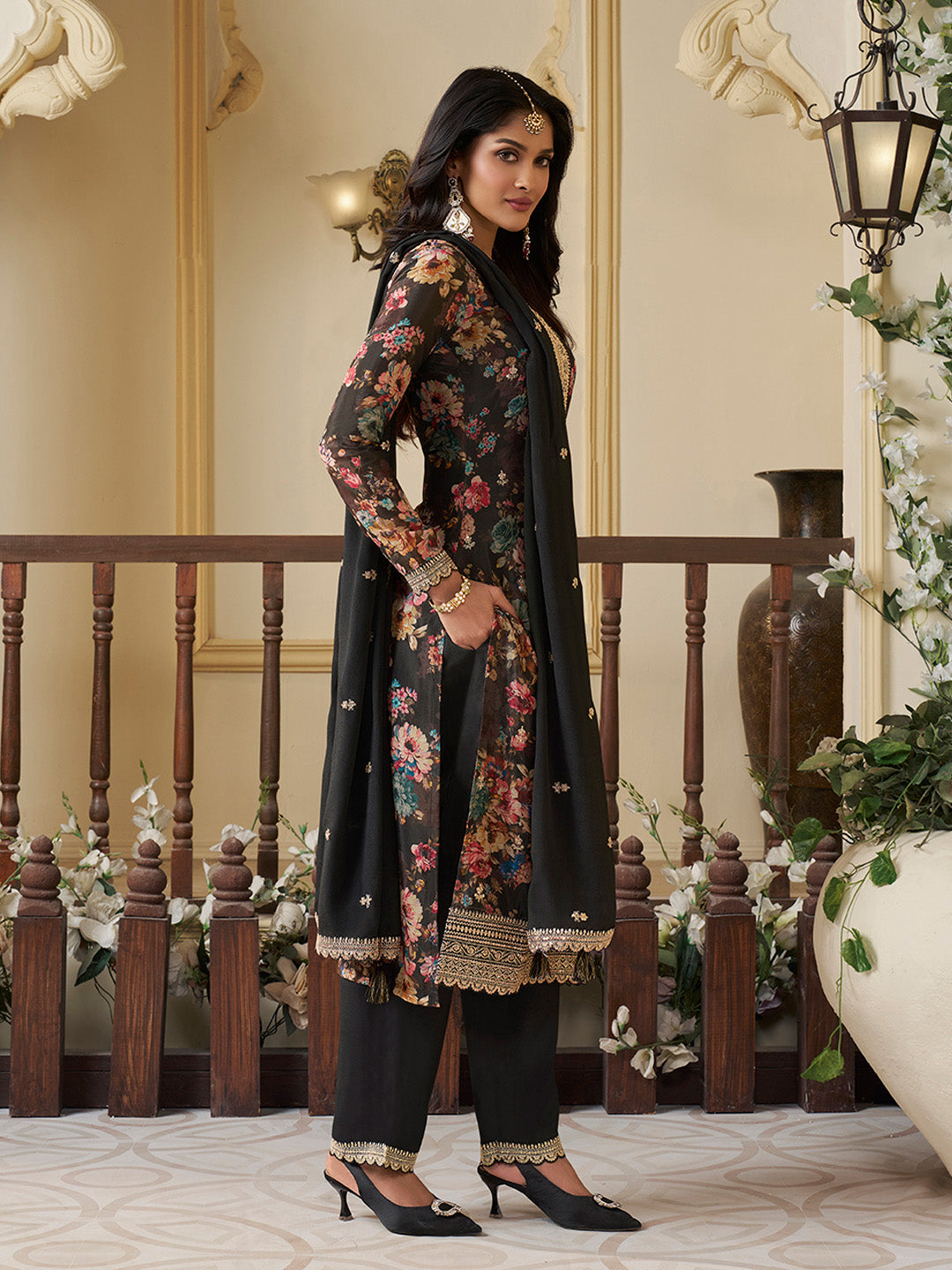 Black Chinon Floral Printed Top with Embroidery Kurta Suit Set - qivii