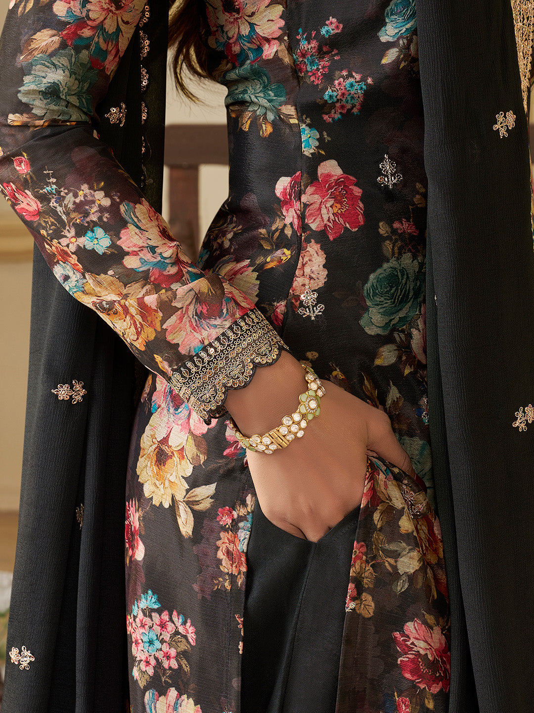 Black Chinon Floral Printed Top with Embroidery Kurta Suit Set - qivii