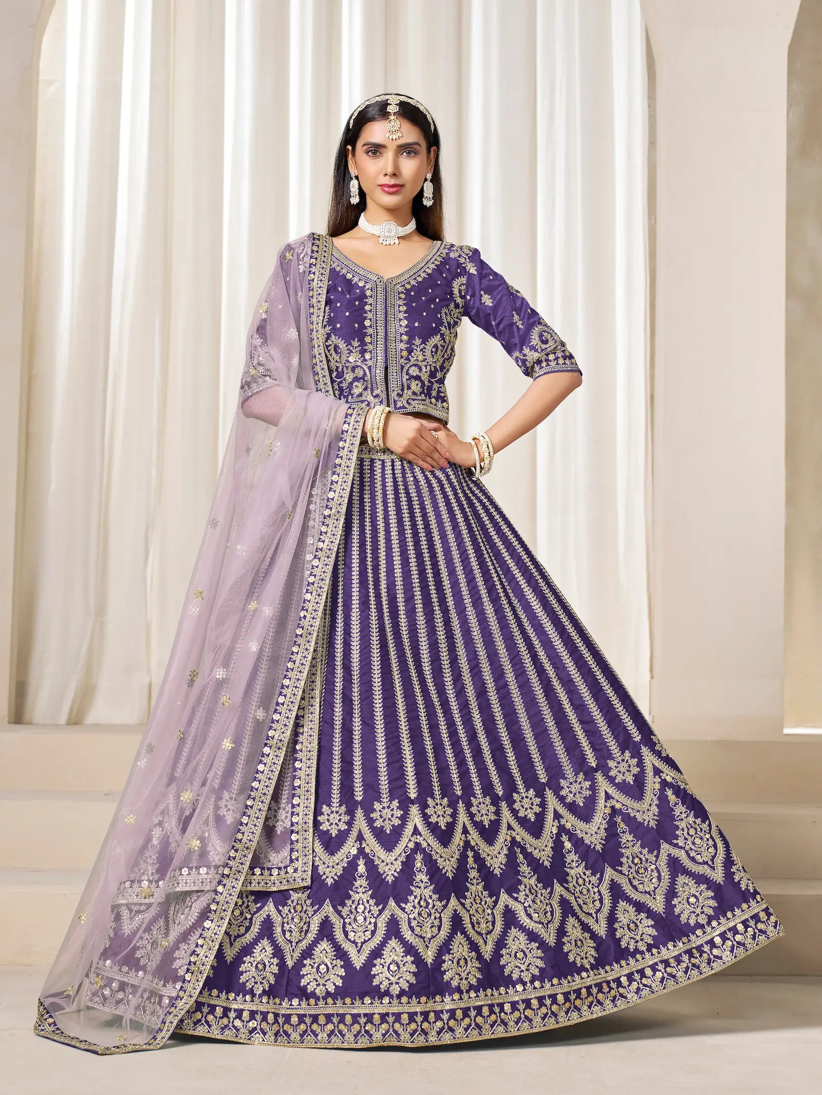 Purple Art Silk Thread & Sequins Embroidery Lehenga Choli - qivii