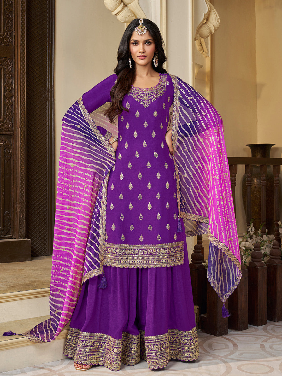 Purple Chinon Embroidered Top with Matching Sharara and Dupatta Suit Set - qivii