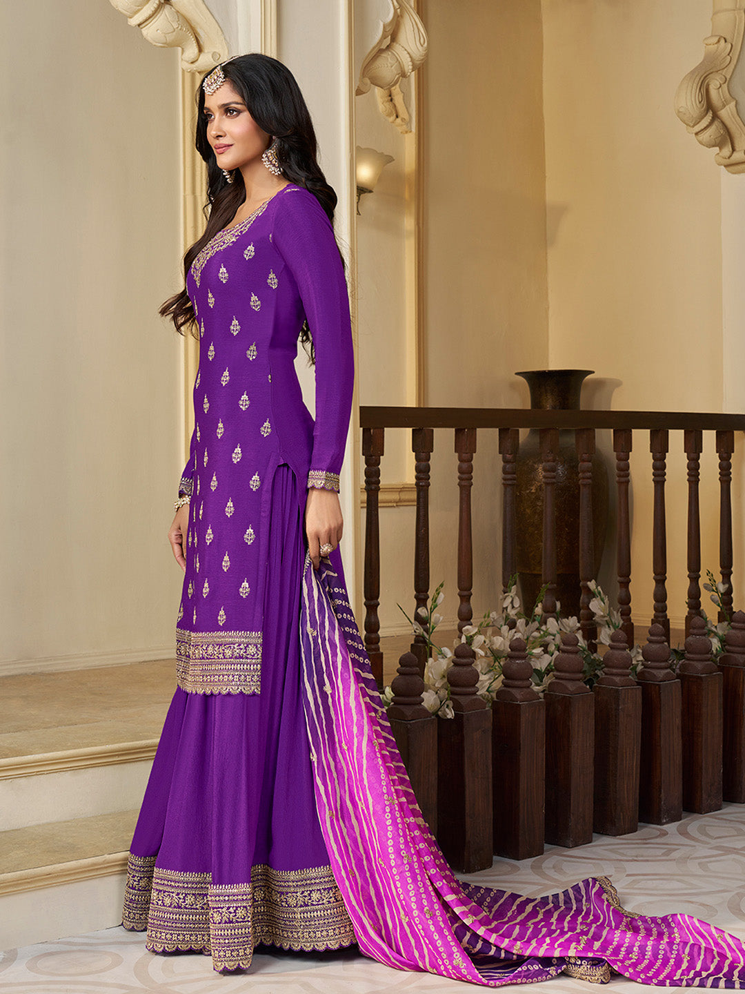 Purple Chinon Embroidered Top with Matching Sharara and Dupatta Suit Set - qivii