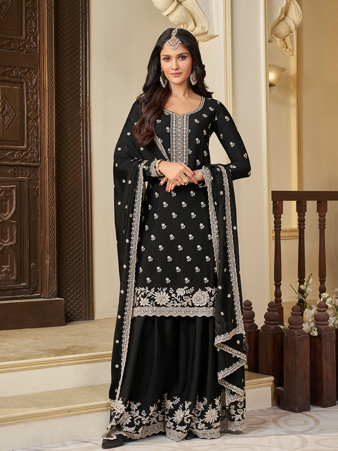 Black Chinon Top with Thread Embroidery and Sharara Suit Set - qivii