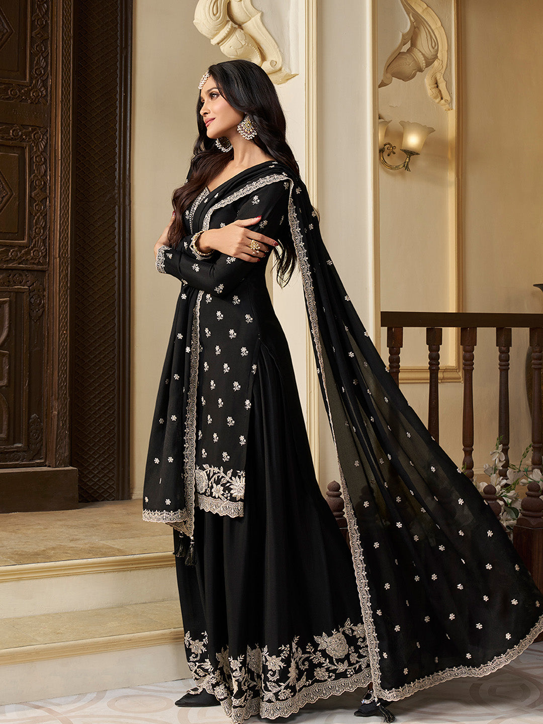 Black Chinon Top with Thread Embroidery and Sharara Suit Set - qivii