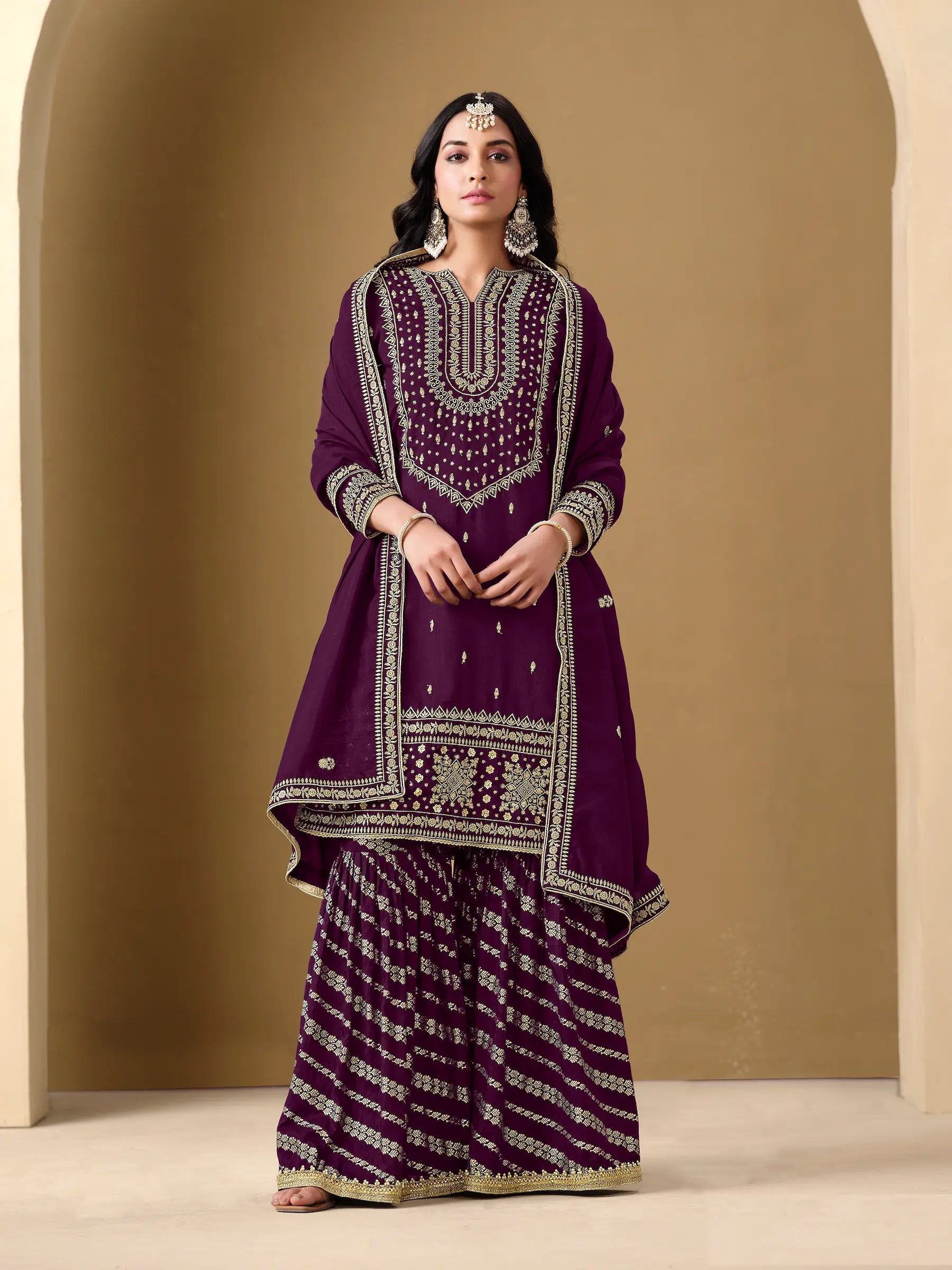 Wine Art Silk Sharara Suit With Thread & Sequins Embroidery Work - qivii