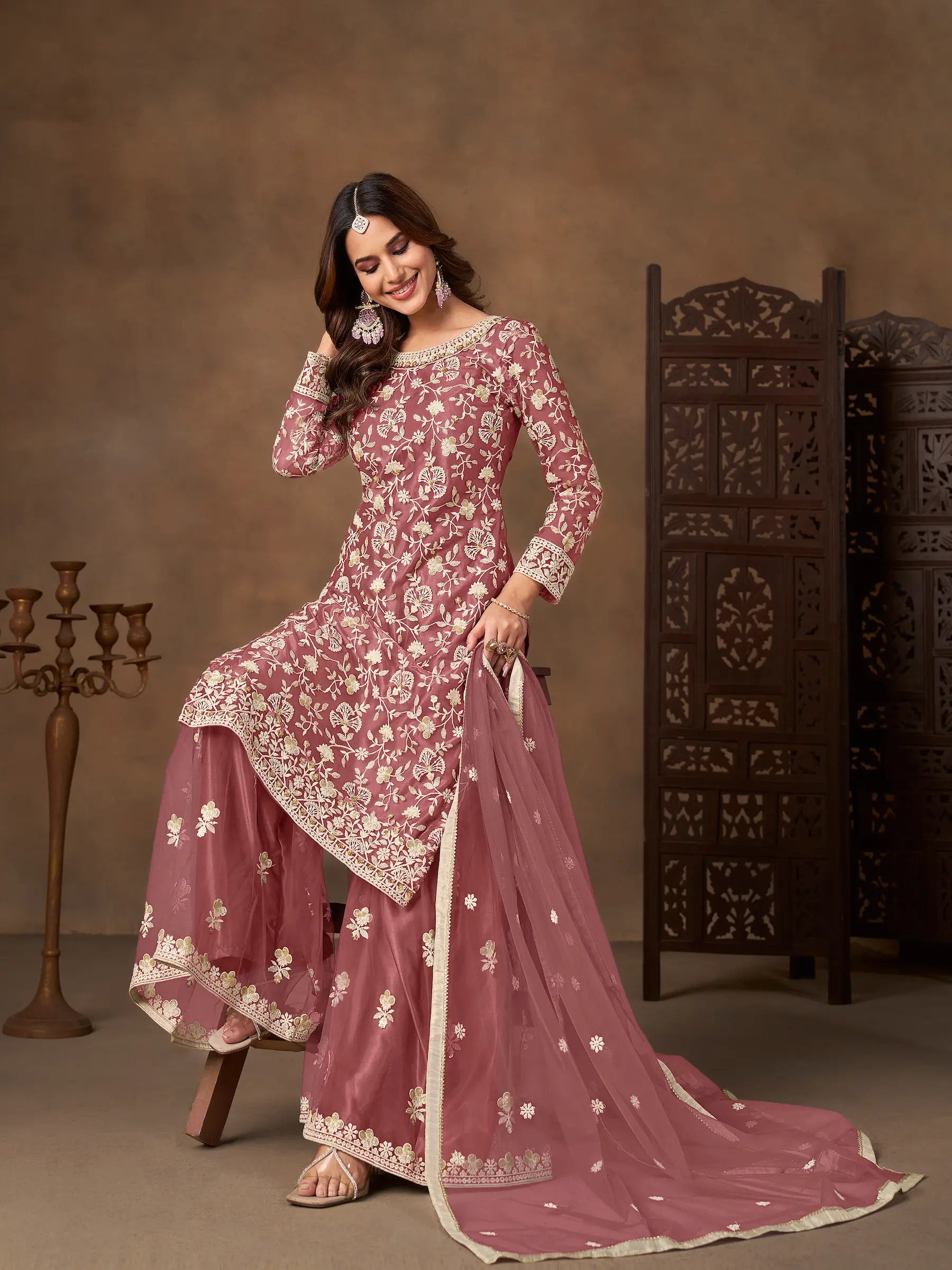Brownish Pink Net Embroidery Palazzo Suit