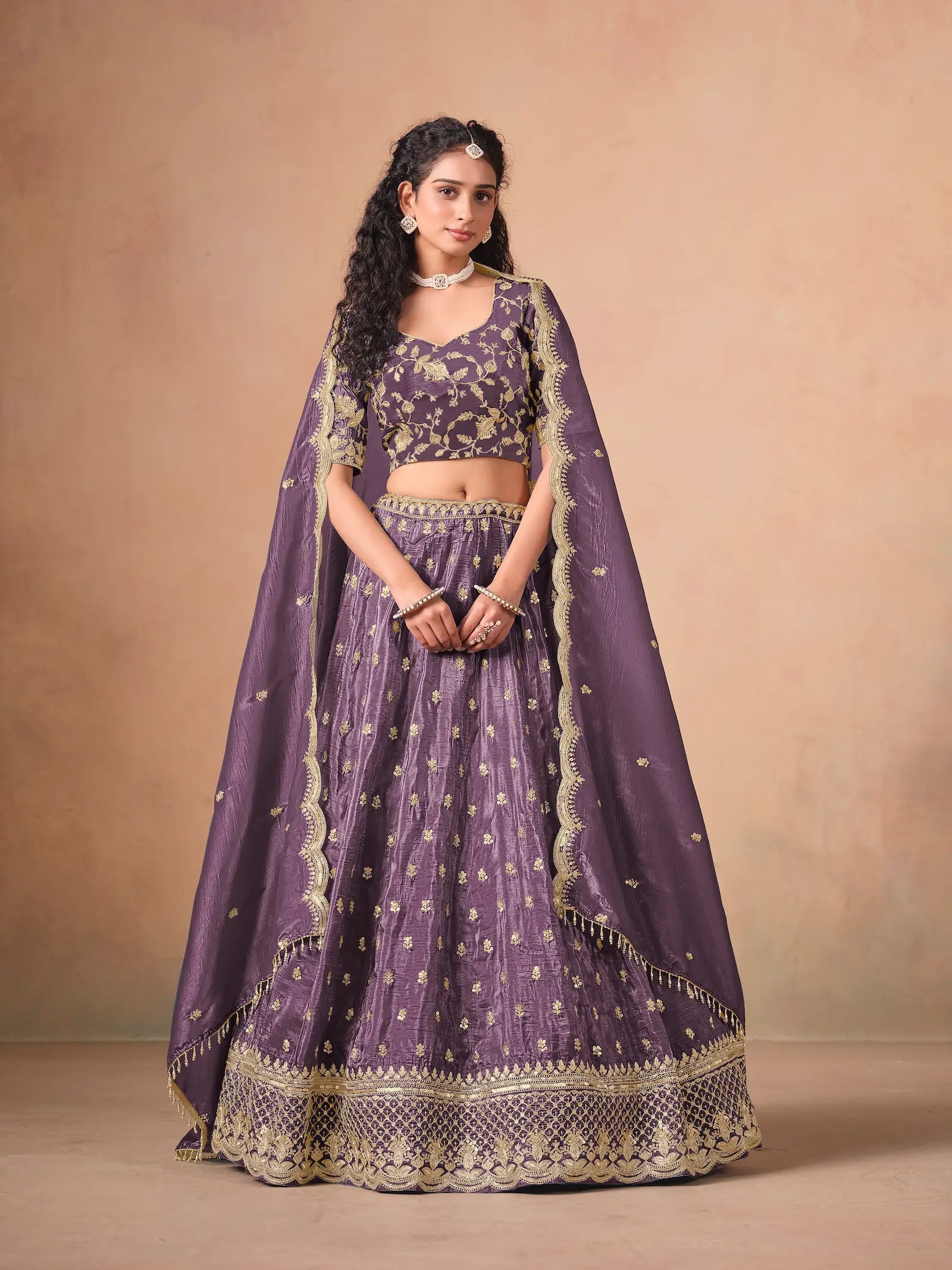 Dusty Purple Organza Embroidery Work Lehenga Choli - qivii
