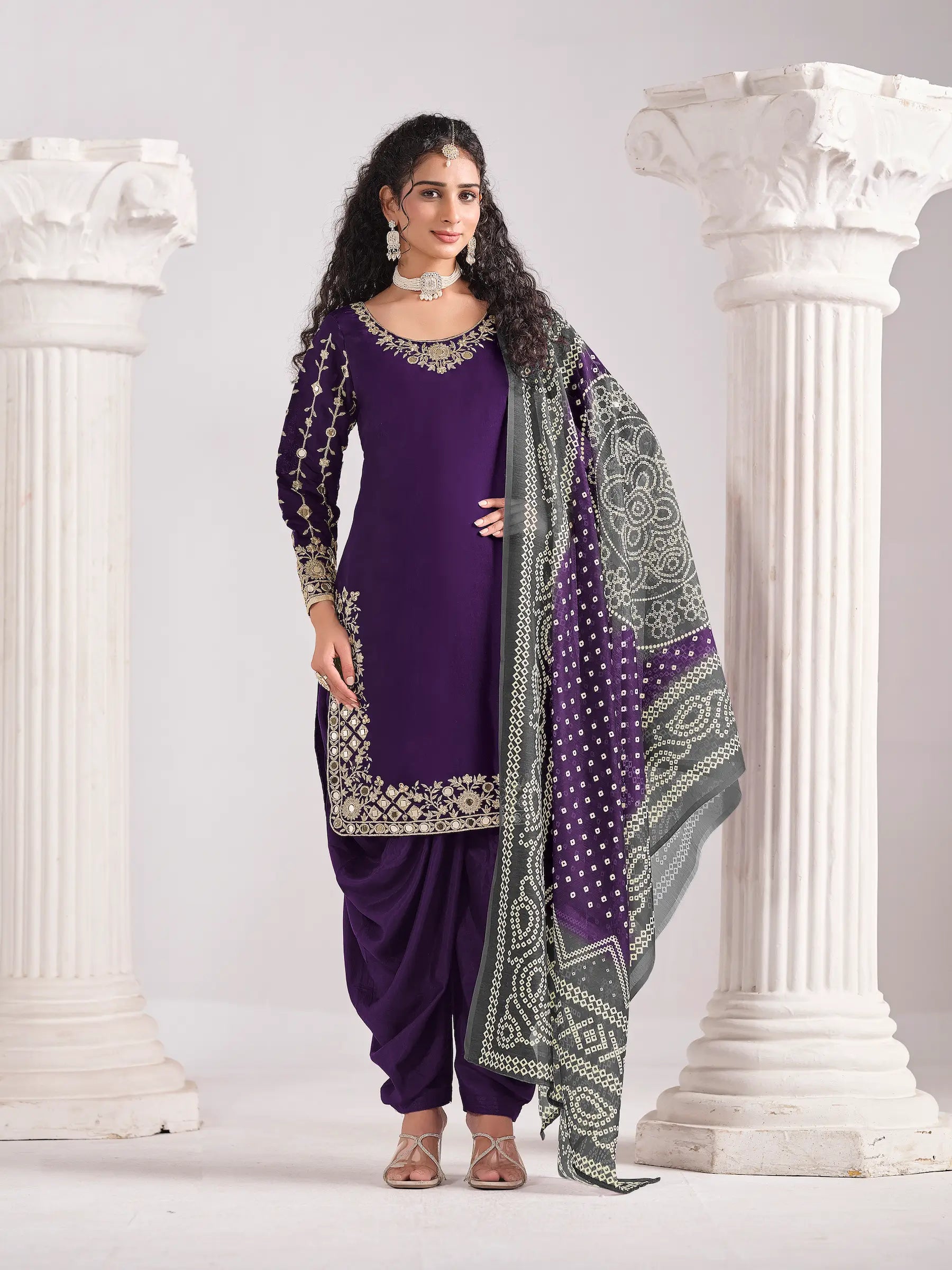 Purple Silk Salwar Suit With Mirror Work & Embroidery - qivii