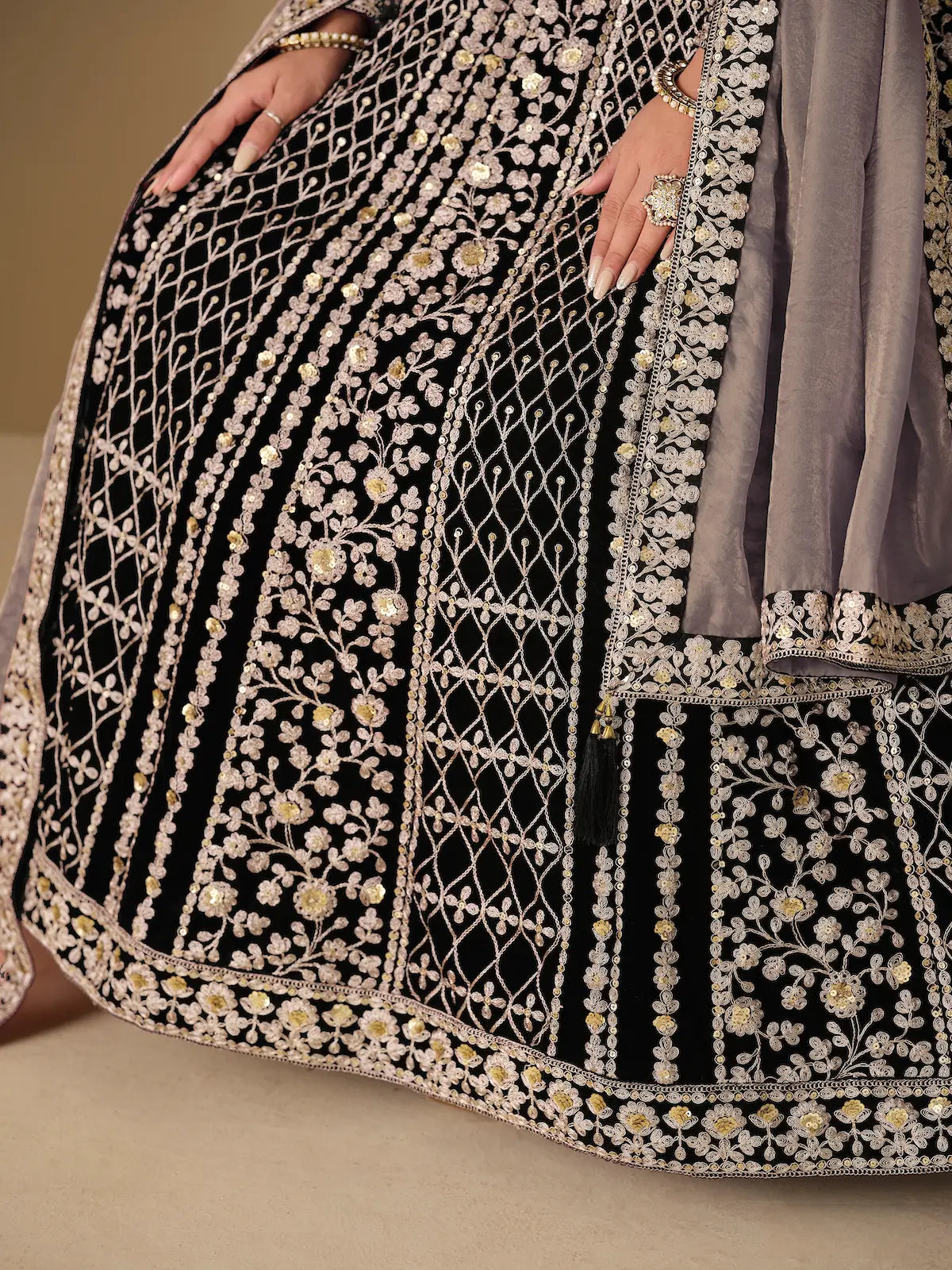 Jet Black Velvet Heavy Embroidered Gown