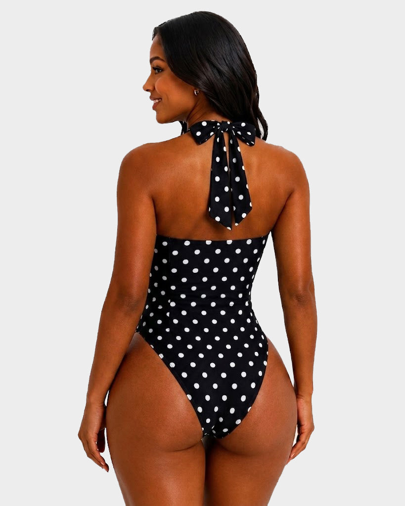 Polka Dot Halter Sweetheart Neck Ruched Back Bow Tie High Leg One-piece Swimsuit - By Qivii