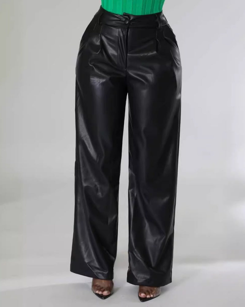 PU Leather Loose Wide-leg Pocket Casual Leather Pants - By Qivii