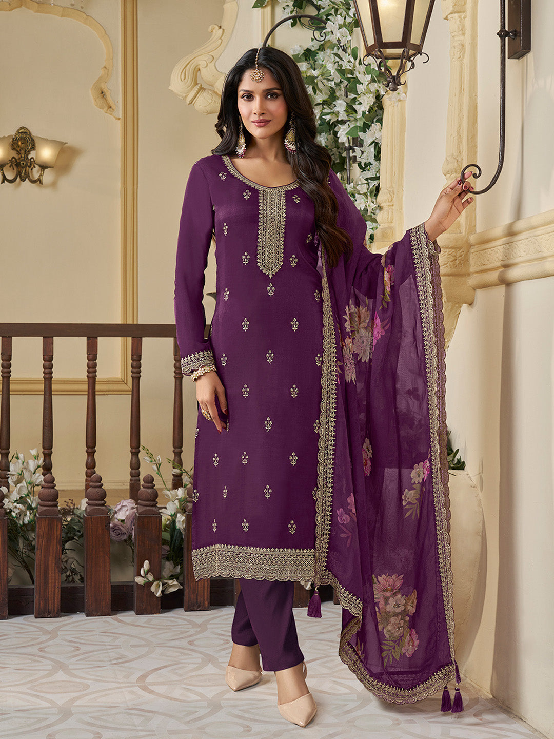 Purple Munga Silk Embroidered Top with Matching Trouser and Digital Print Dupatta - qivii