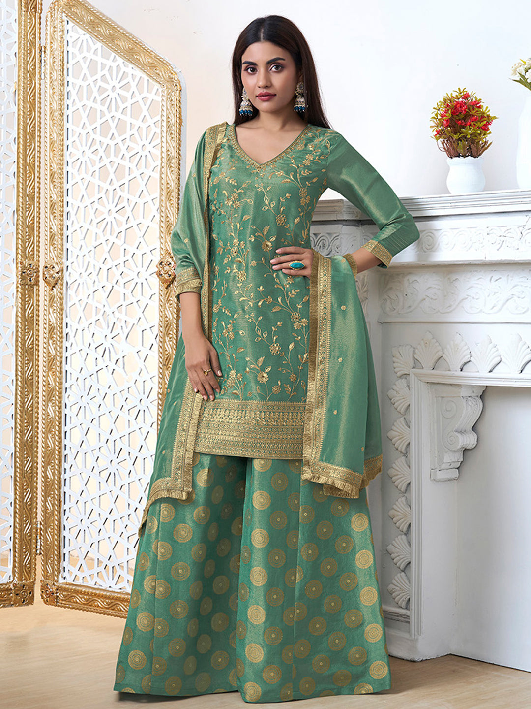 Lime Green Sharara Suit Set in Tissue with Pitta Work Dupatta - qivii