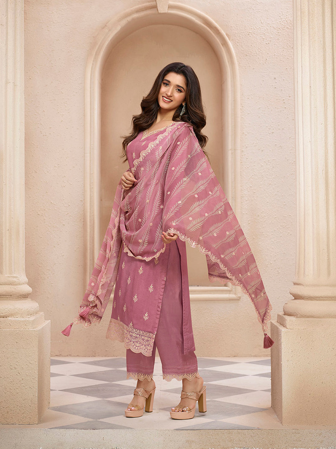 Dusty Rose Cutwork Neckline Dola Silk Kurta Suit Set with Lehariya Print Dupatta - qivii