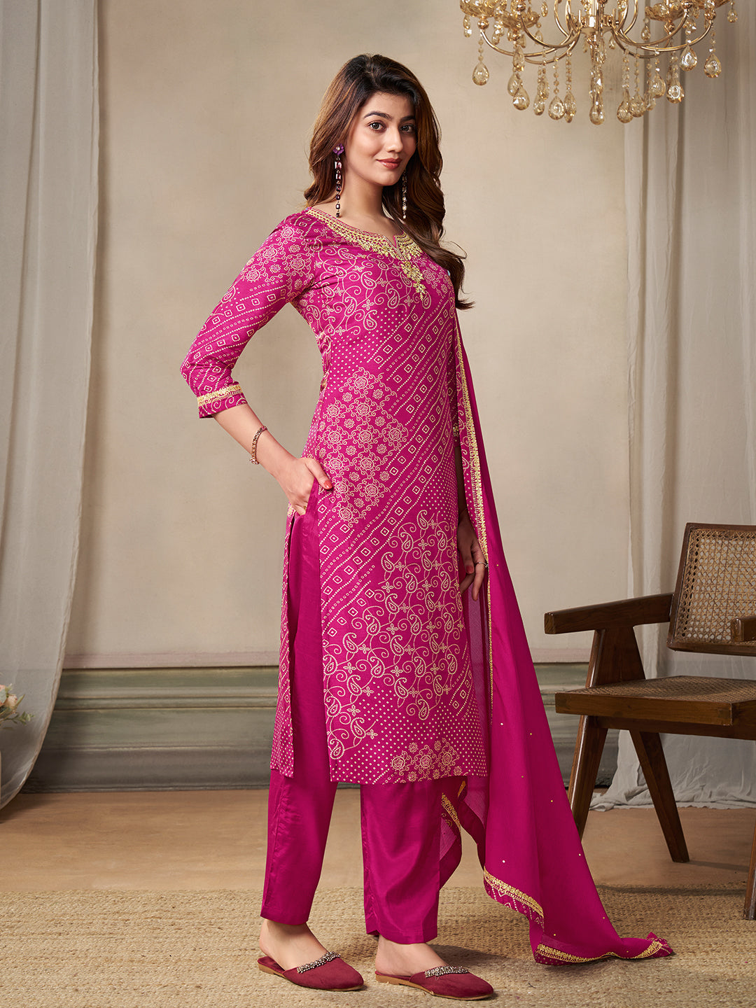 Pink Dola Bandhni Printed with Embroidery Kurta Suit Set - qivii
