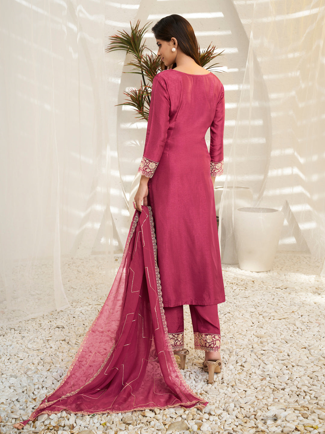 Floral and Geometric Threadwork Cherry Pink Kurta Set with Hanging Pearl Daman, Straight Pant, and Dupatta