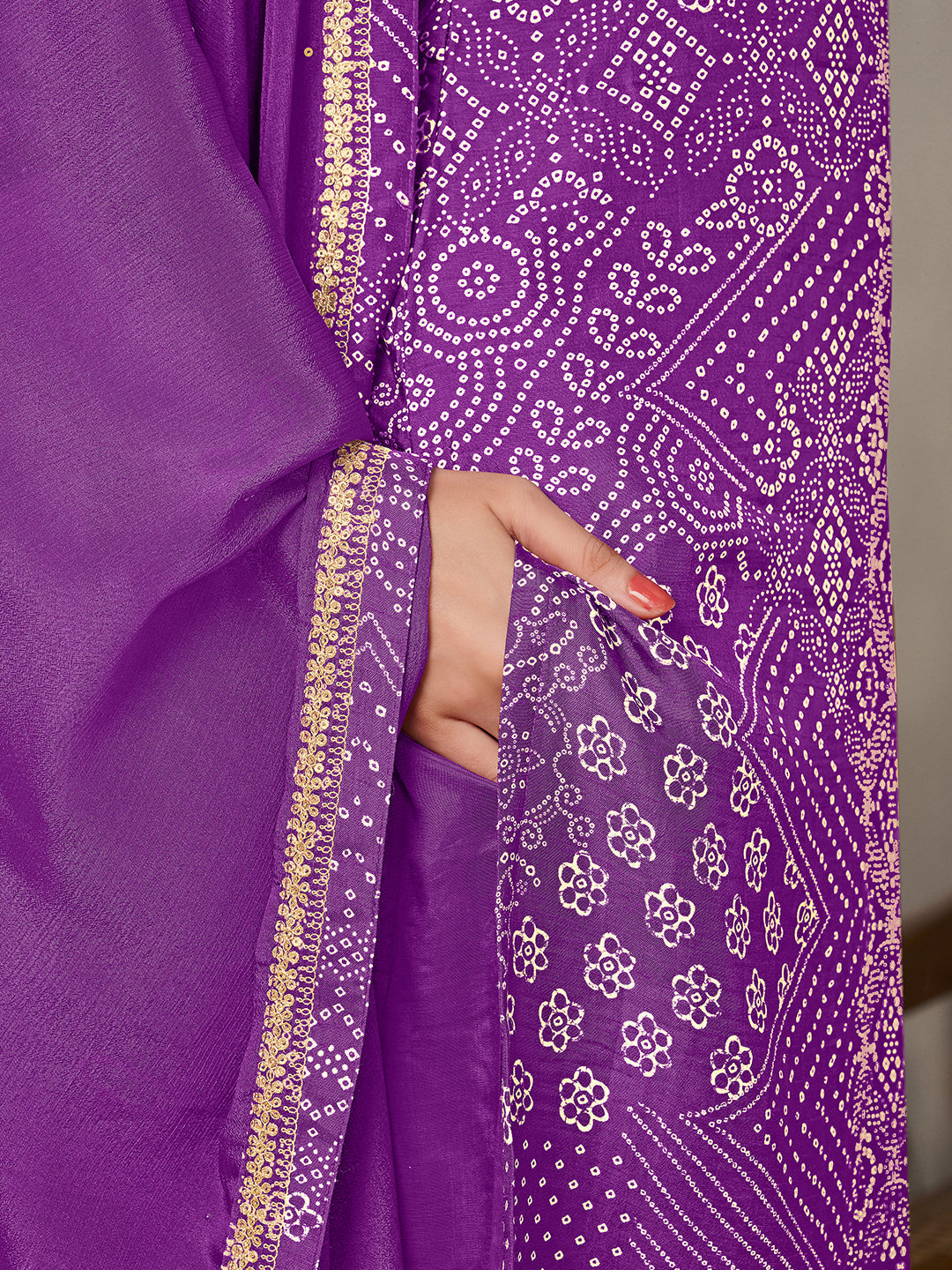 Purple Dola Bandhani Printed with Embroidery Kurta Suit Set - qivii