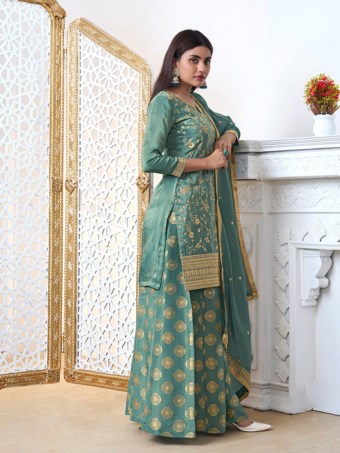 Turquoise Tissue with Pitta work Gold Jhalar Dupatta Sharara Suit Set - qivii