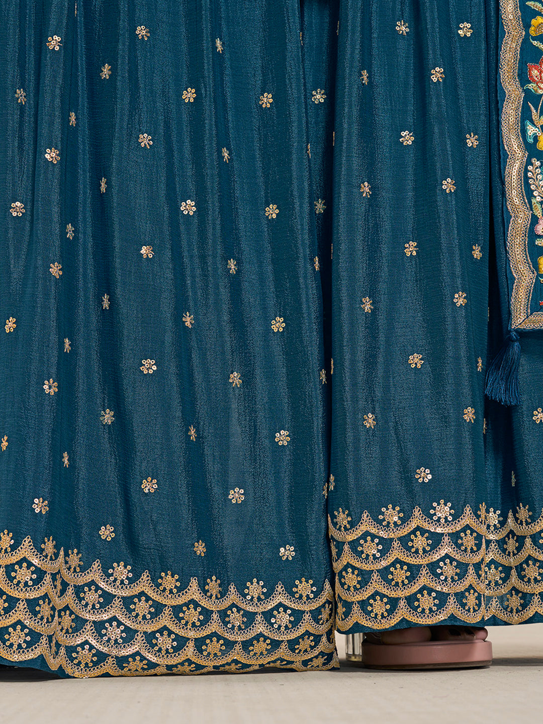 Blue Multi Colour Floral Thread & Embroidered Sharara Suit Set