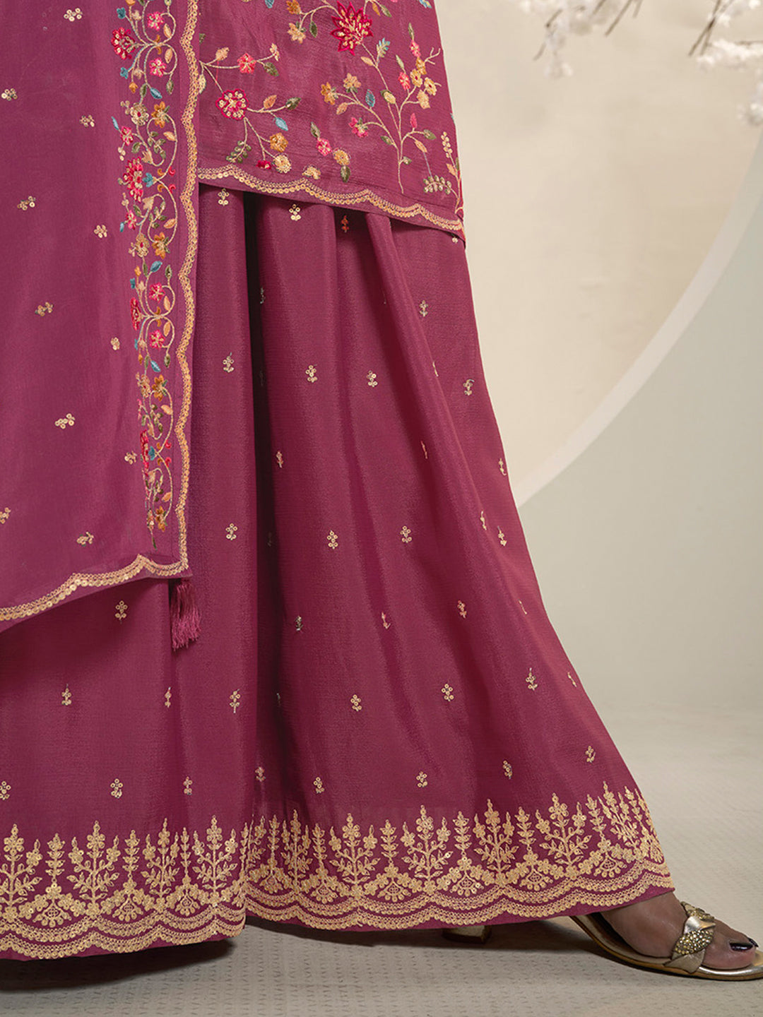 Dark Pink Sharara Suit Set with Floral & Embroidery Design