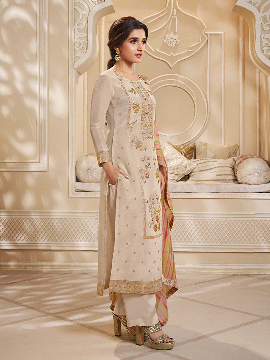 Cream Tissue Silk Meena Jacquard Designer Panel Work Kurta Suit Set
