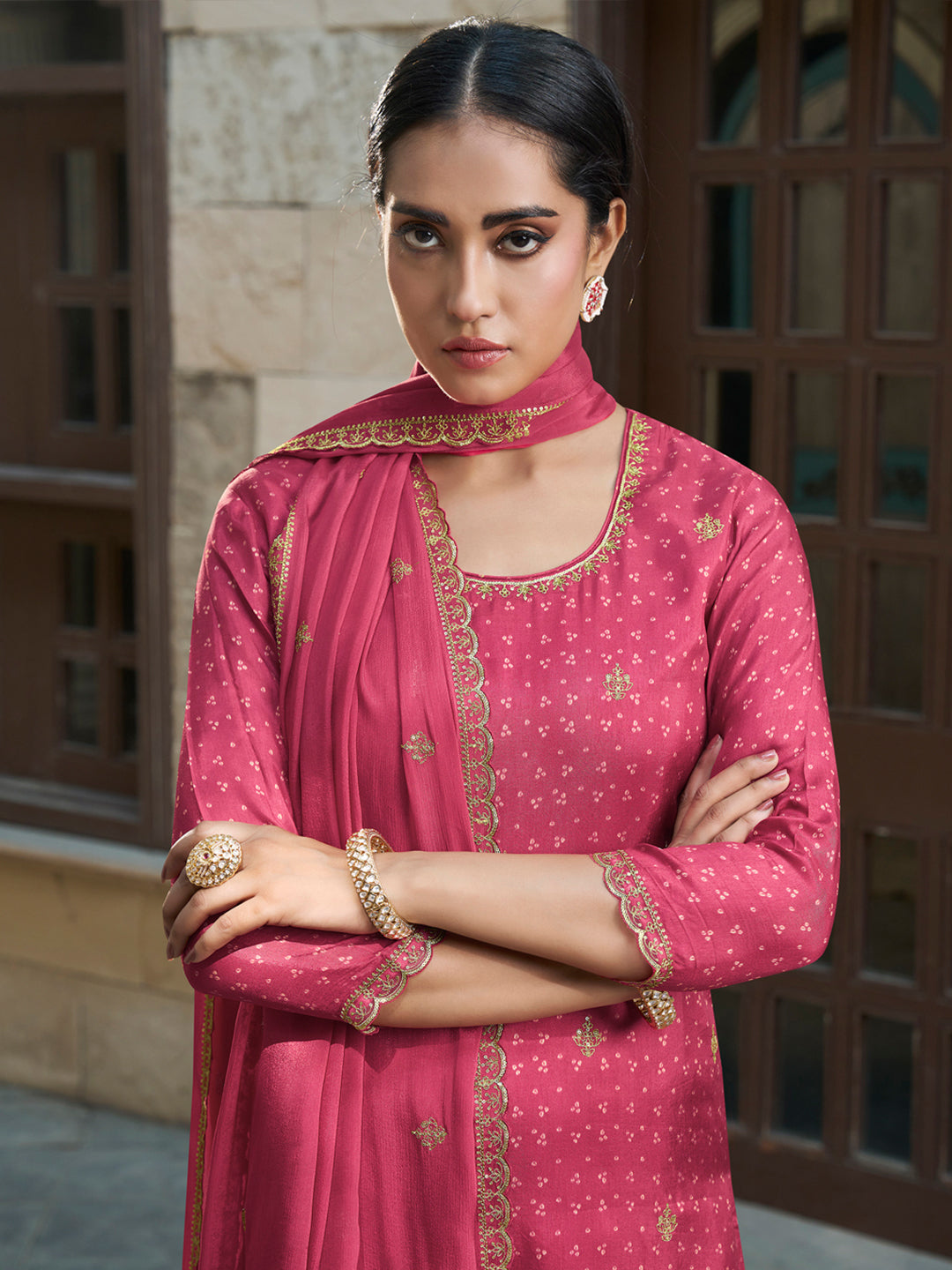 Digital Bandhani Printed Kurta with Trouser & Scalloped Dupatta