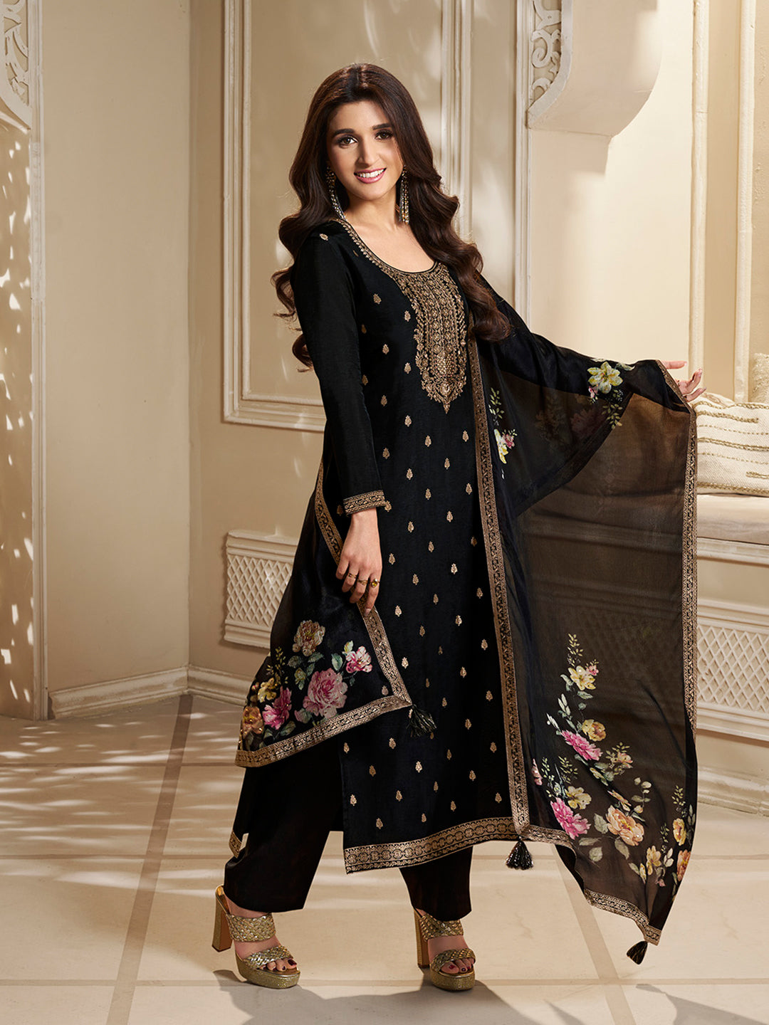 Dola Silk Jacquard Black Kurta With designer Yoke and handwork with trousers and Dupatta