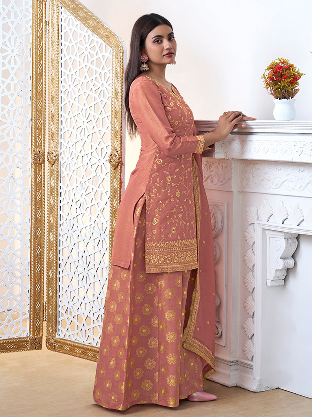 Peach Tissue with Pitta work Gold Jhalar Dupatta Sharara Suit Set - qivii