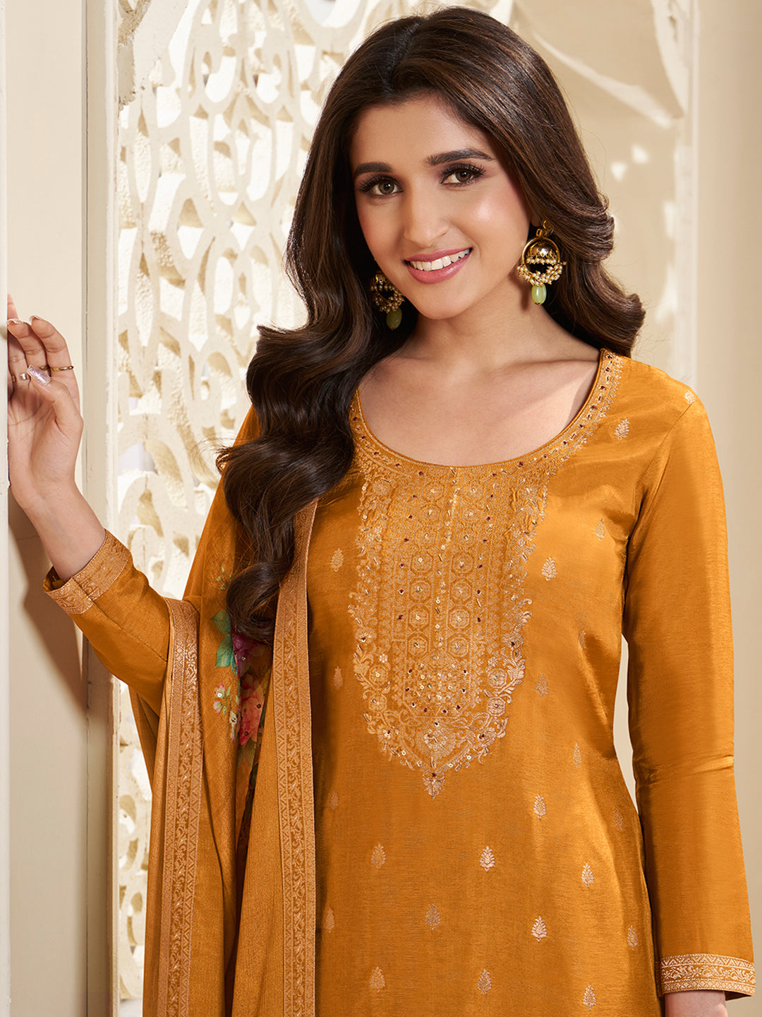 Dola Silk Jacquard Yellow Kurta With designer Yoke and handwork with trousers and Dupatta