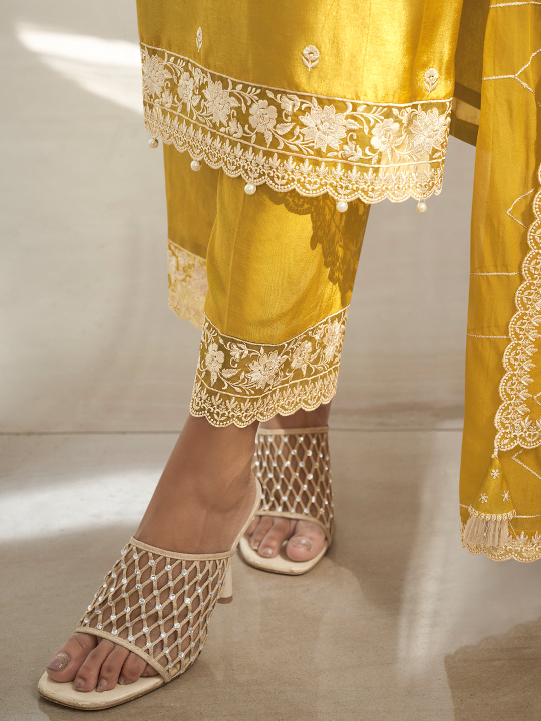 Floral and Geometric Threadwork Kurta Set with Hanging Pearl Daman, Straight Pant, and Dupatta