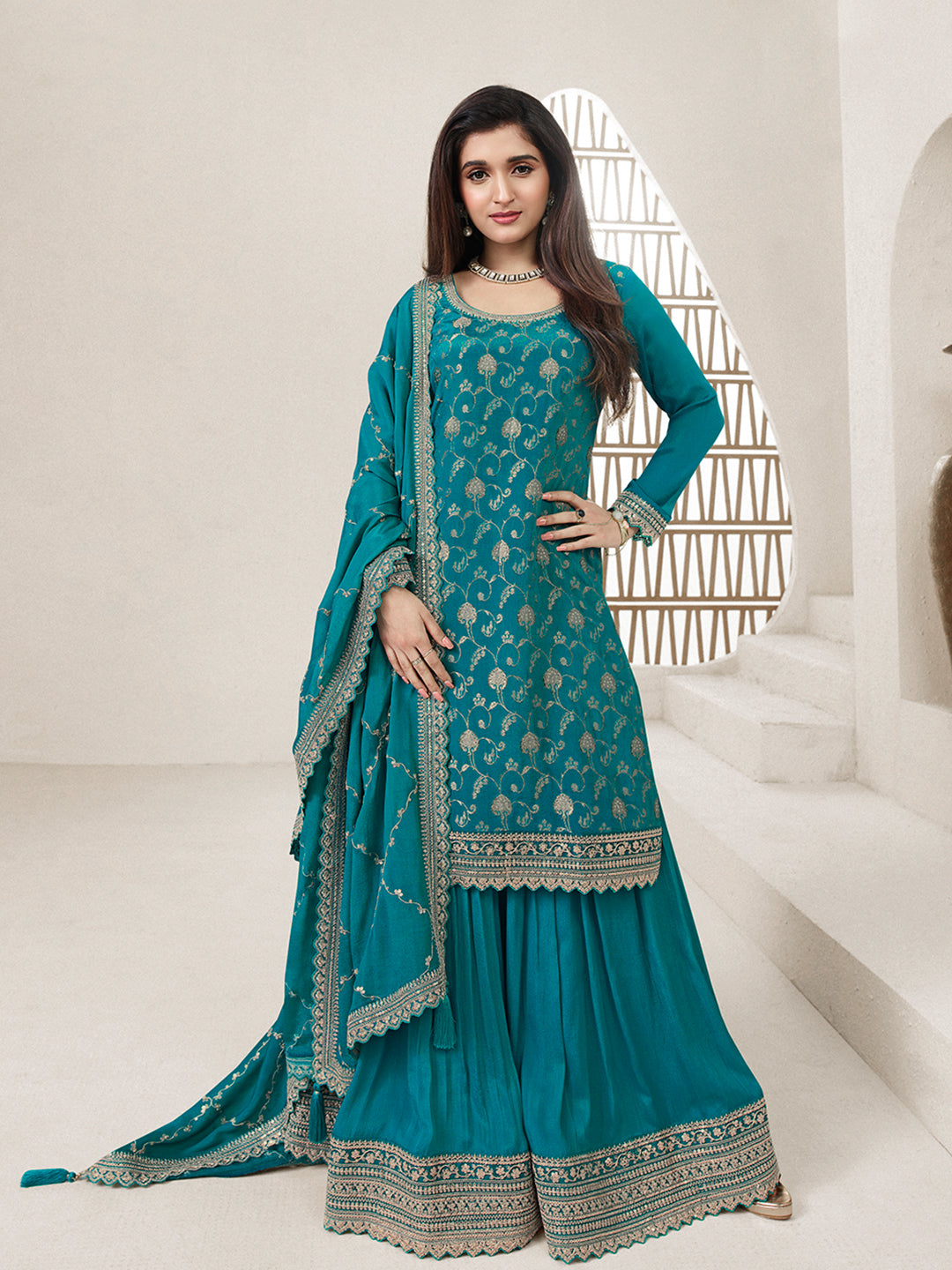 Rama Green Jacquard with Embroidery Sharara Suit Set - qivii