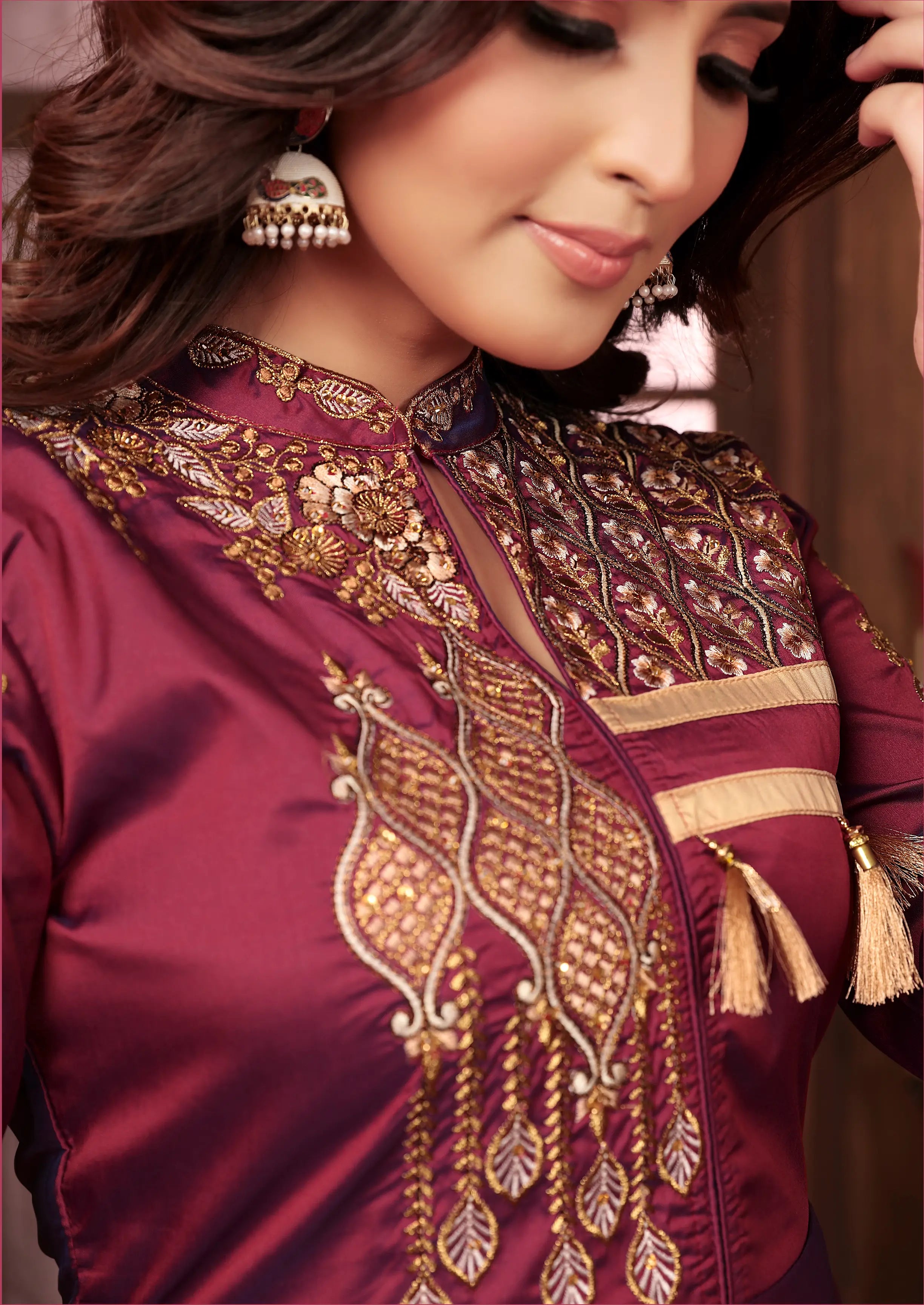 Maroon Red Gown With Heavy Embroidery Work - qivii