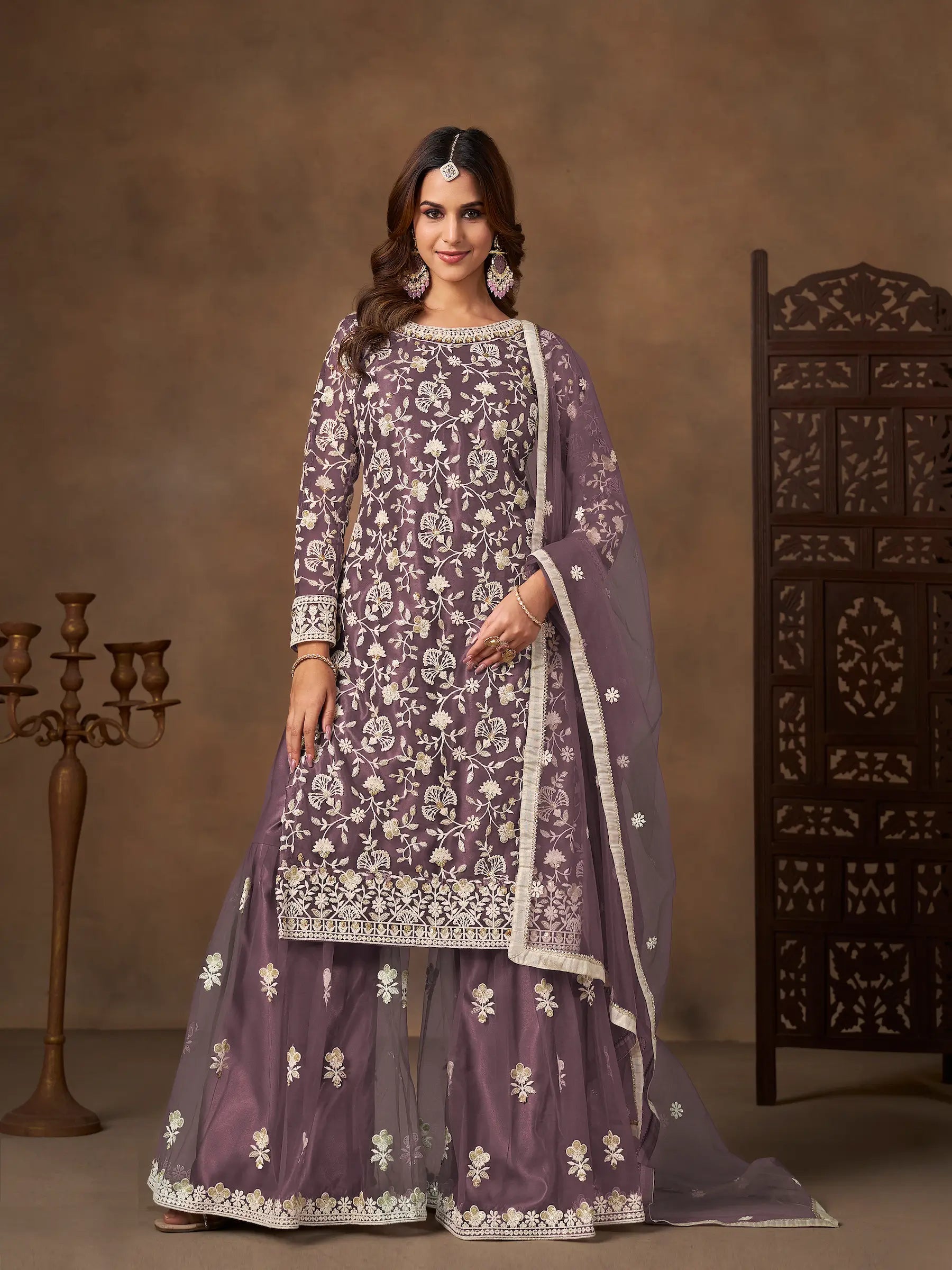 Dark Mauve Net Embroidery Palazzo Suit