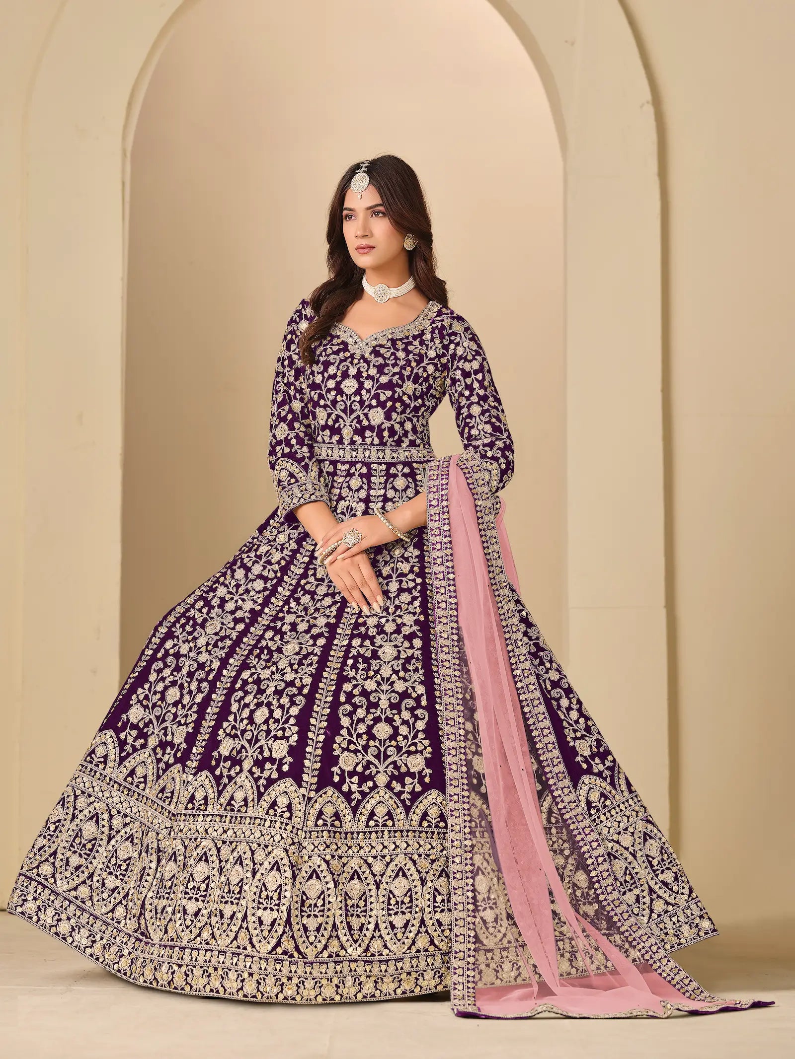 Deep purple Velvet Heavy Embroidered Gown