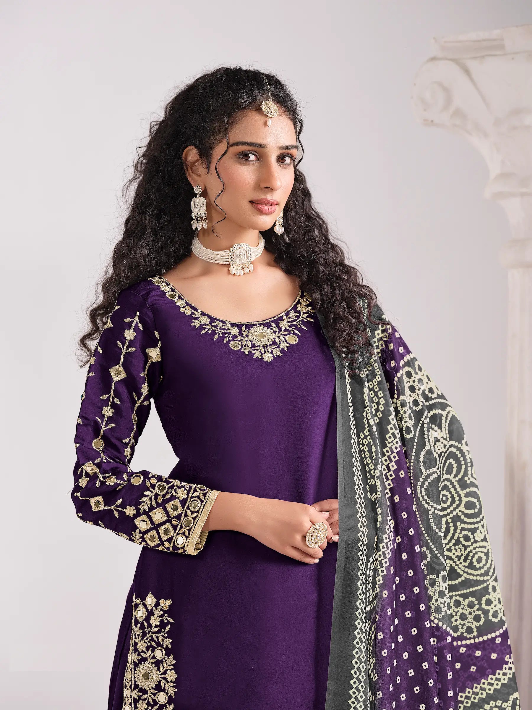 Purple Silk Salwar Suit With Mirror Work & Embroidery - qivii