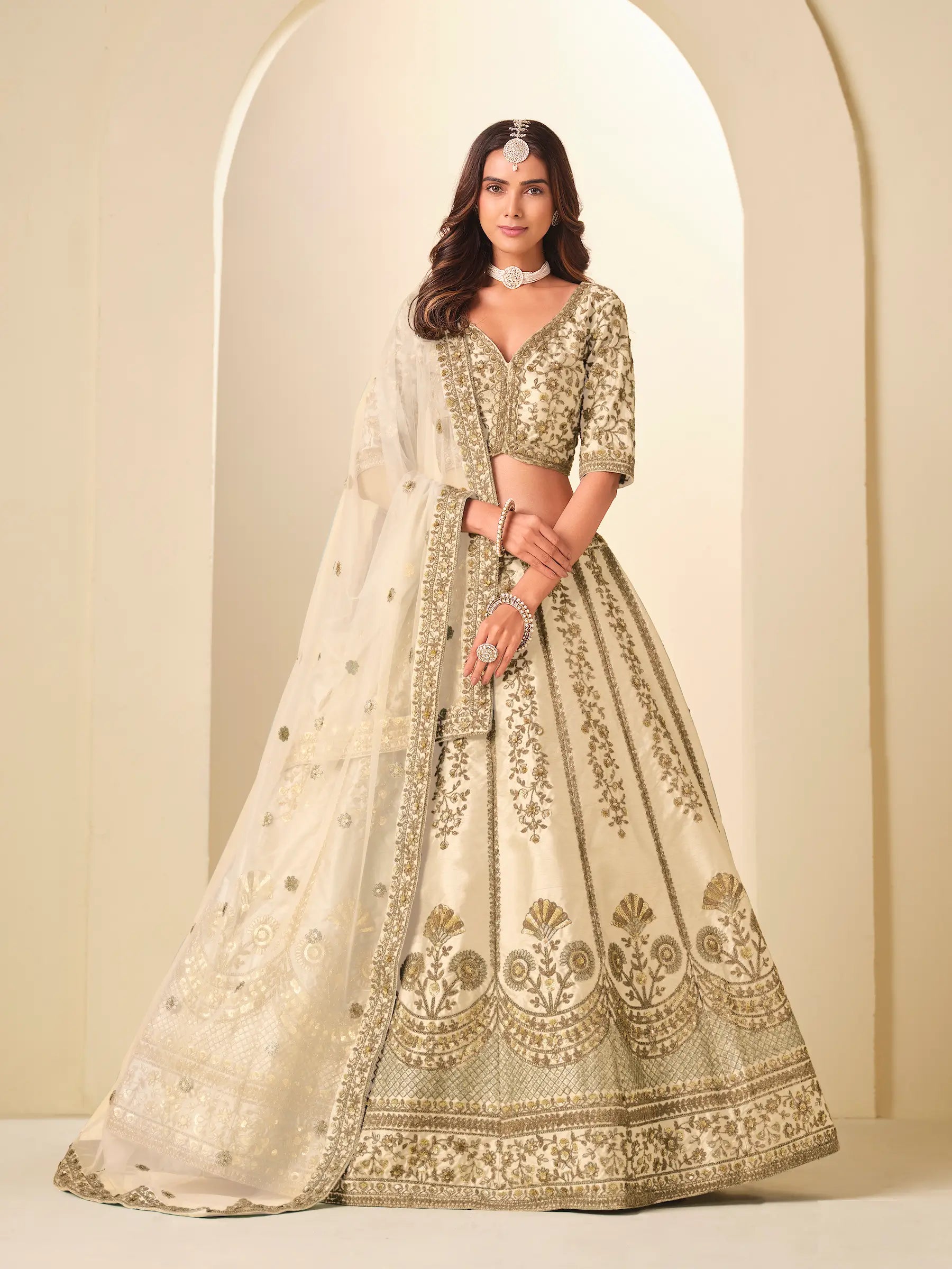 Almond Beige Art Silk Embroidered Lehenga Choli