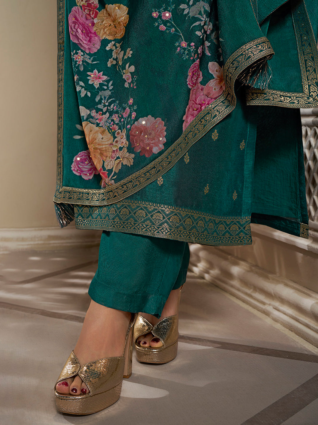 Dola Silk Jacquard Green Kurta With designer Yoke and handwork with trousers and Dupatta