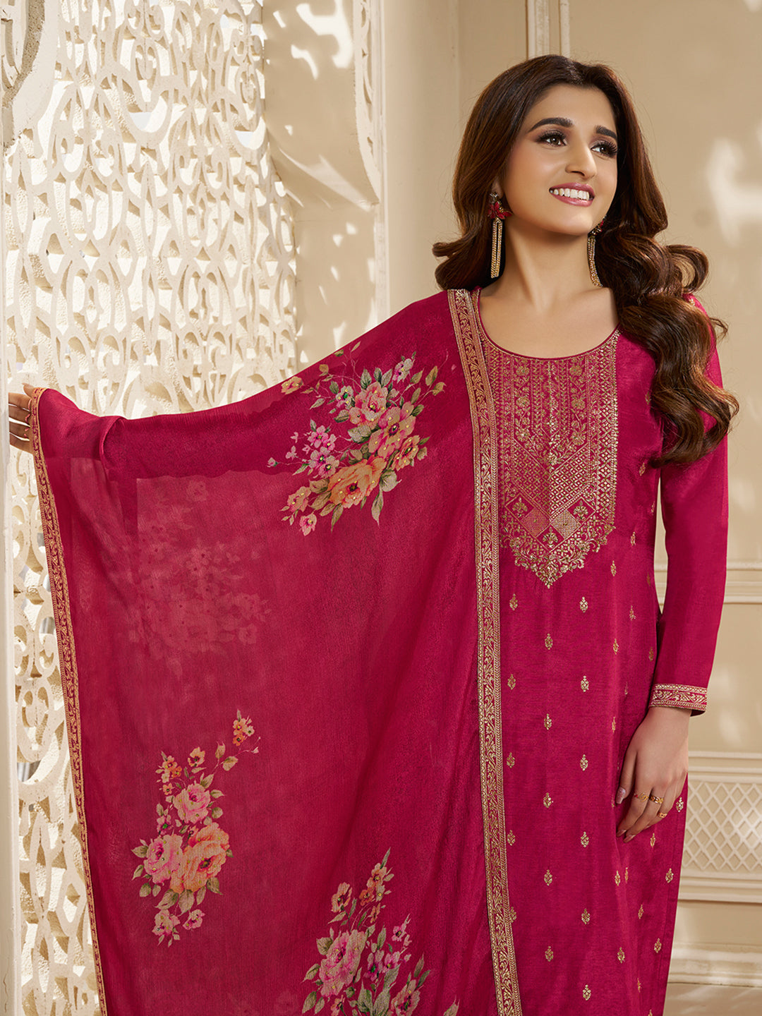 Dola Silk Jacquard Red Kurta With designer Yoke and handwork with trousers and Dupatta