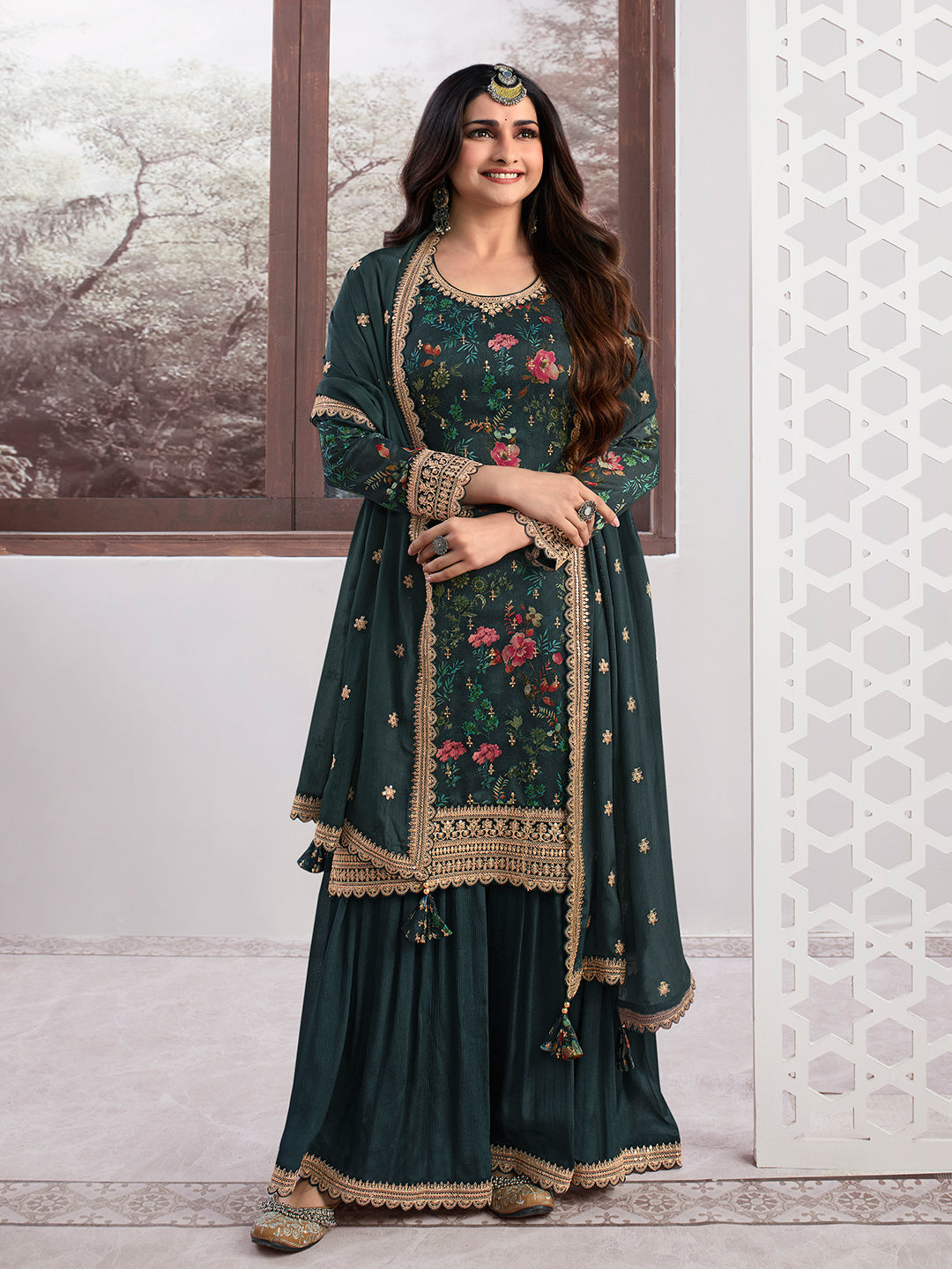 Rama Printed with Embroidered Sharara Suit Set