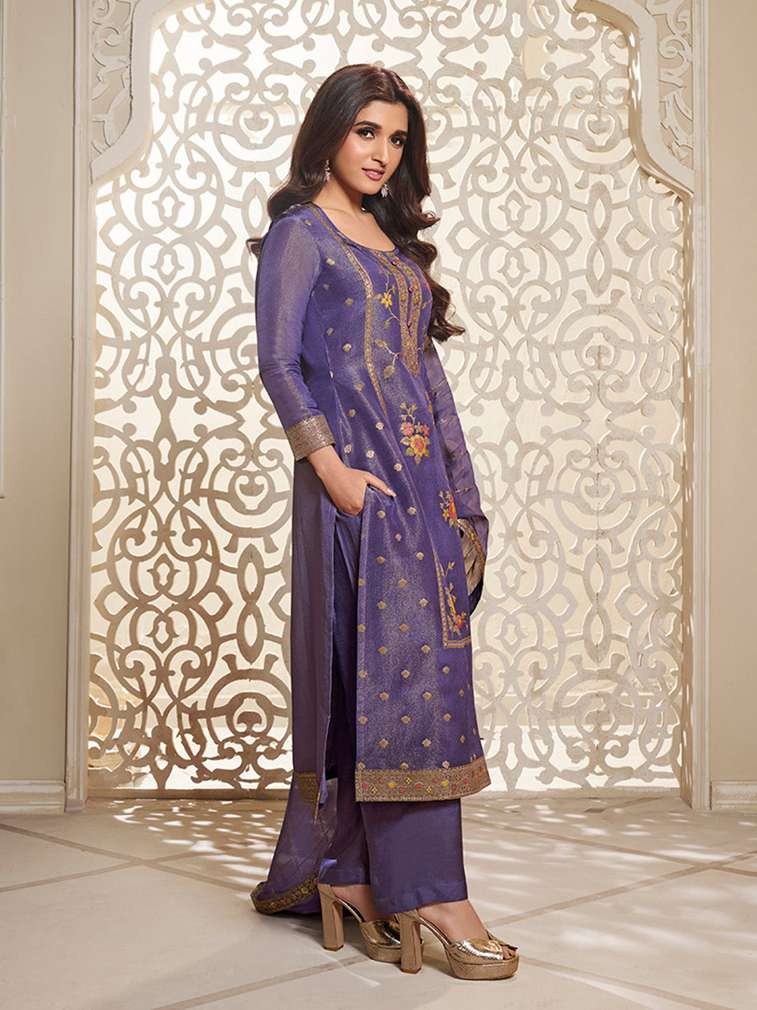 Purple Tissue Silk Meena Jacquard Designer Panel Work Kurta Suit Set - qivii
