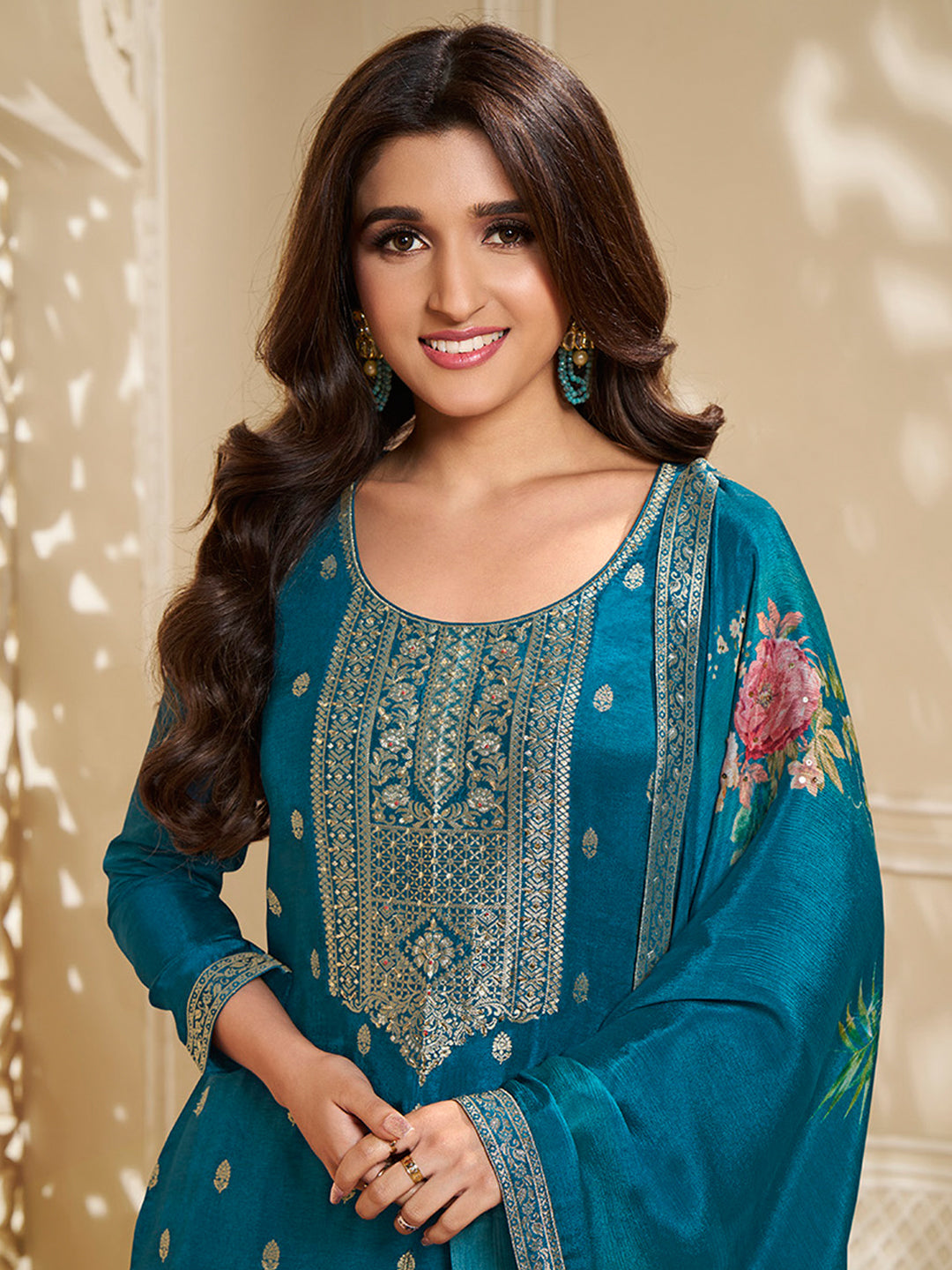 Dola Silk Jacquard Blue Kurta With designer Yoke and handwork with trousers and Dupatta