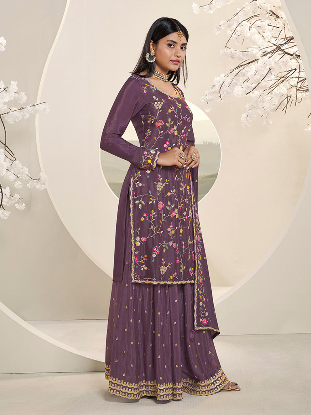Purple Multi Colour Floral Thread & Embroidered Sharara Suit Set - qivii