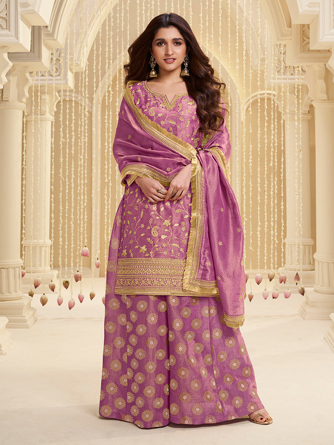 Lavender Tissue with Pitta work Gold Jhalar Dupatta Sharara Suit Set - qivii