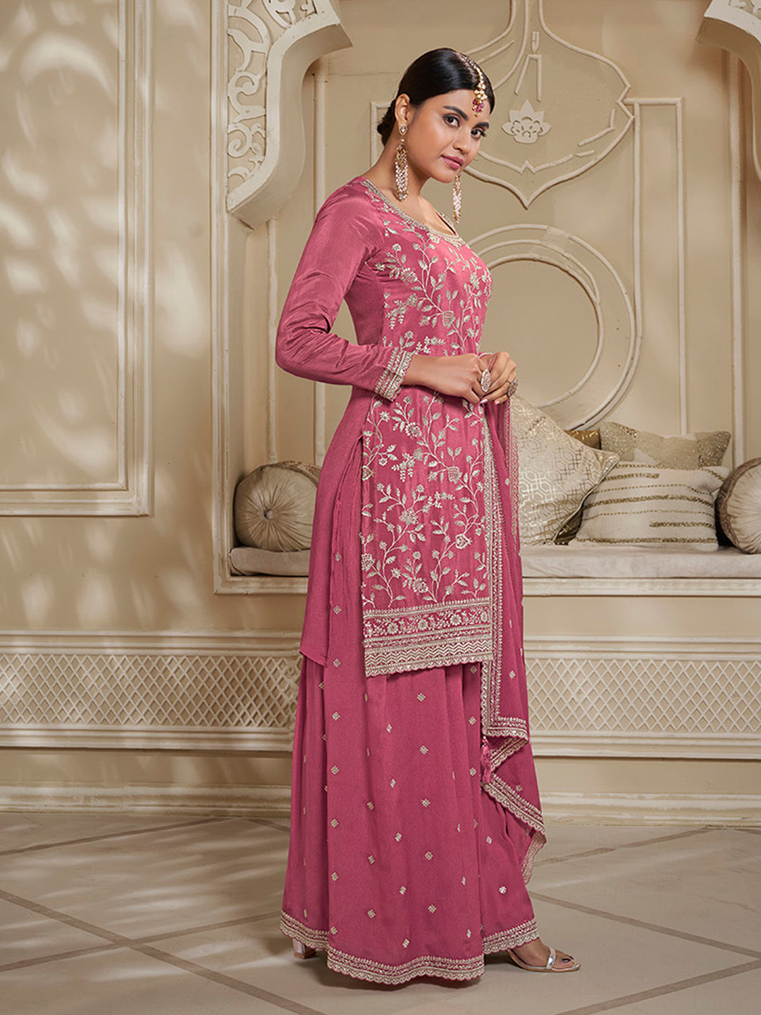 Deep Rose Floral Pattern, Thread and Sequins Embroidered Sharara Suit Set